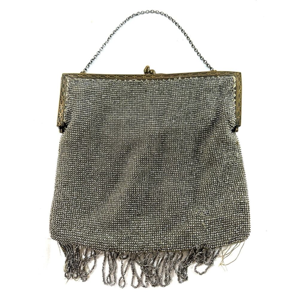 Antique Art Deco Silver Tone Mesh Evening Purse Beaded Fringe Chain Handle 1920s - Picture 3 of 11